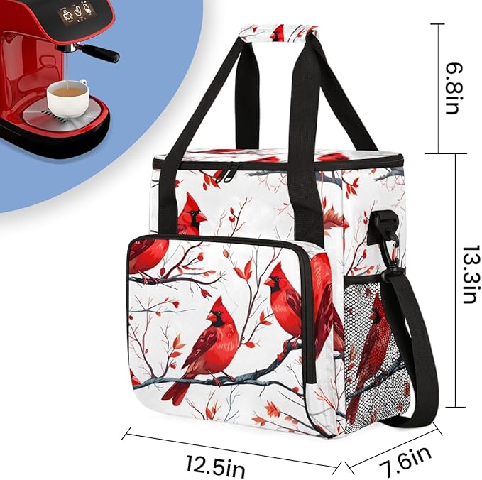 Cardinal Bird Coffee Maker Carrying Bag Winter Xmas Travel Storage Bag Compatible with K-Mini or K-Mini Plus Single Serve Coffee Brewer Carrying Case with Multiple Pockets &amp Shoulder Strap