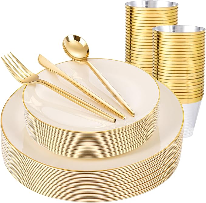 bUCLA 150PCS Ivory Plastic Plates with Gold Trim - Heavy Duty Cream Plastic Disposable for Party &amp Wedding - Include 25 Each（Dinner &amp Dessert） Plates 25 Knives 25 Forks 25 Spoons &amp 25 C