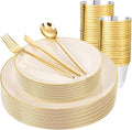 bUCLA 150PCS Ivory Plastic Plates with Gold Trim - Heavy Duty Cream Plastic Disposable for Party &amp Wedding - Include 25 Each（Dinner &amp Dessert） Plates 25 Knives 25 Forks 25 Spoons &amp 25 C