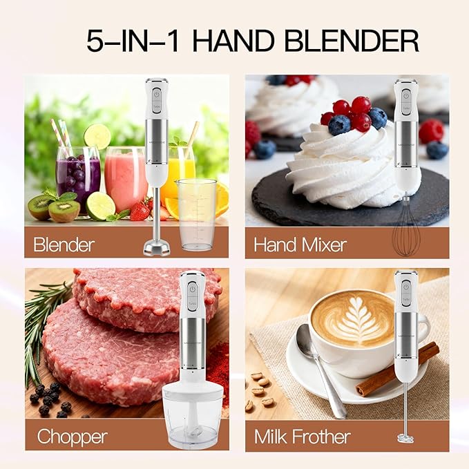 MEGAWISE 5-in-1 Immersion Hand Blender 1100W Powerful Stick Blender with Whisk Chopper Milk Frother &amp Beaker Variable Speed &amp Turbo Stainless Steel Blades for Smoothies &amp Baby Food (W