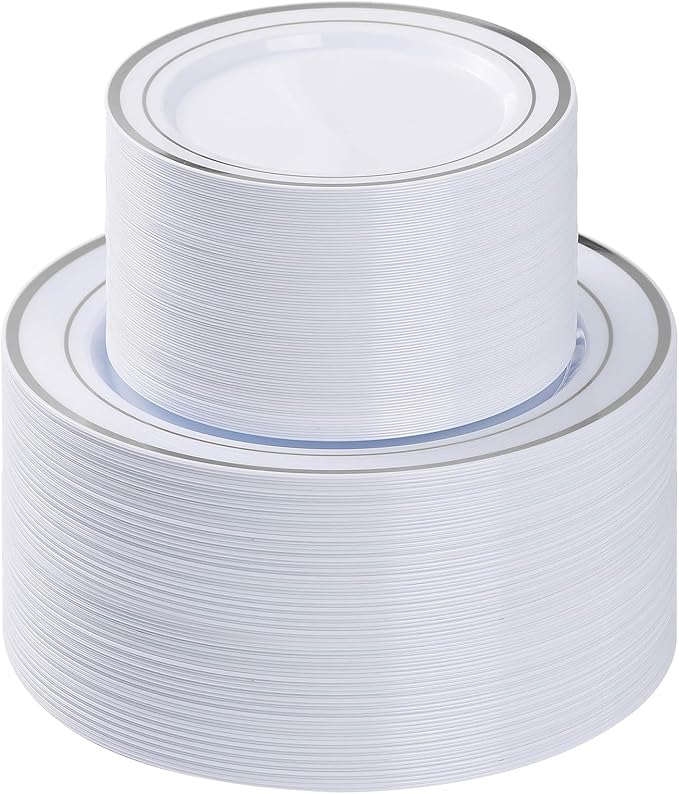 BESTVIP 200PCS Silver Plastic Plate Disposable Party Plates with 100 Dinner Plates and 100 Dessert Plates Plastic Plates for Party Wedding and Birthday