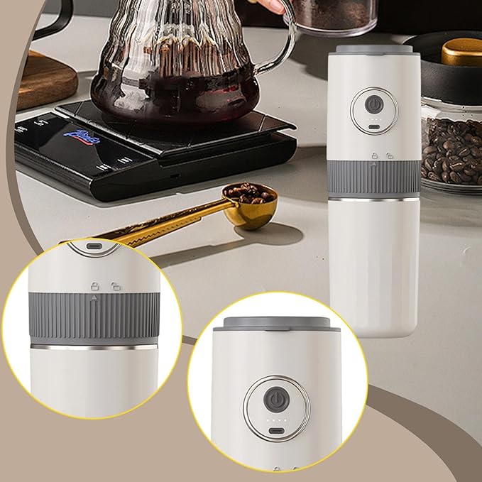 Compact and Versatile Portable Electric Coffee Maker with Coffee Grinder Dripper and Cup for Home Fishing and Outdoor Use Beige