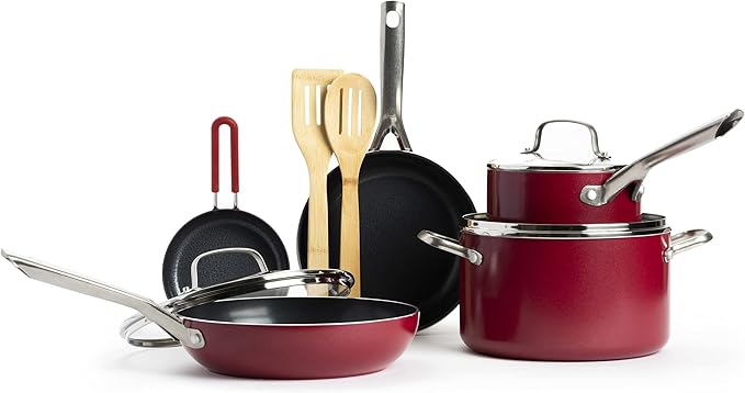 Textured Ceramic Nonstick 10 Piece Cookware Pots and Pans Set with Stainless Steel Handles PFAS PFOA &amp PTFE Free Dishwasher Safe Oven &amp Broiler Safe to 600 Degrees Red