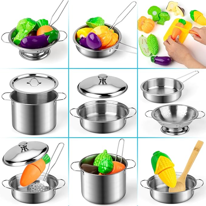 Juboury Kitchen Pretend Play Toys with Stainless Steel Cookware Pots and Pans Set Cooking Utensils Apron &amp Chef Hat Cutting Vegetables for Kids Girls Boys Toddlers