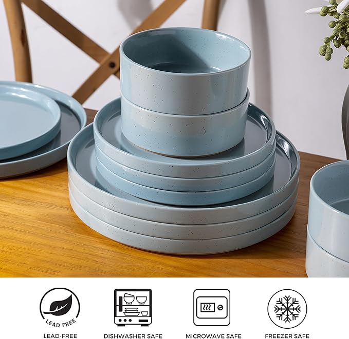 AmorArc Ceramic Dinnerware Set for 6 | Speckled Stoneware Plates and Bowls with Rustic Terracotta Underside| Scratch ResistantDishwasher &amp Microwave Safe Dishes Sets- 18pcs Blue