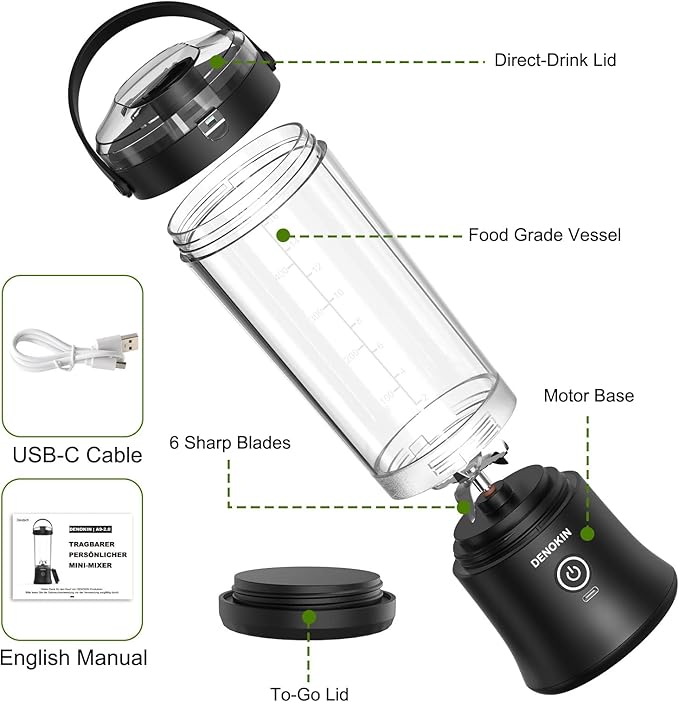 DENOKIN Portable Blender with Drinking Lid 16oz Cordless Blender for On-the-Go Rechargeable via USB-C Black