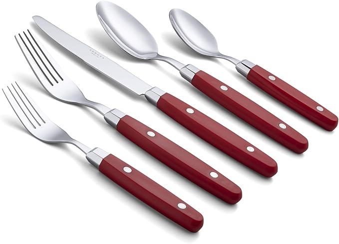 ANNOVA Silverware Set Retro/Rivet Colorful Stainless Steel Tableware Kitchen Flatware Set Utensils Includes Dinner Knives Forks Spoons Salad Forks &amp Dessert Spoons (Red 20 Pieces)