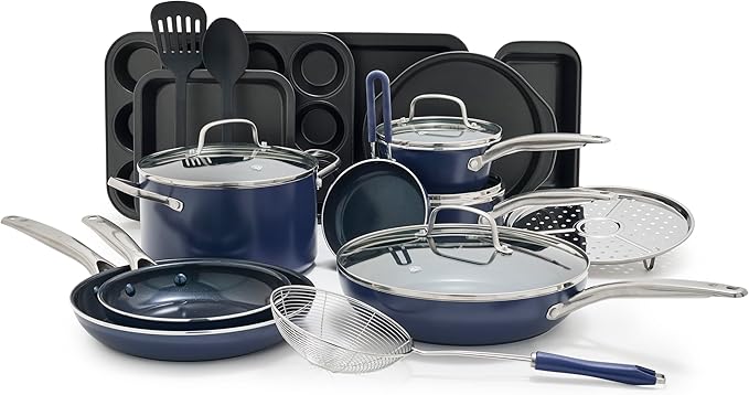 Blue Diamond 20 Piece Nonstick Cookware Set Diamond Ceramic Pots &amp Pans Dishwasher &amp Metal Utensil Safe Non Toxic PFAS-Free Kitchen Cooking Sauce &amp Saute Pans Oven &amp Broiler to 60