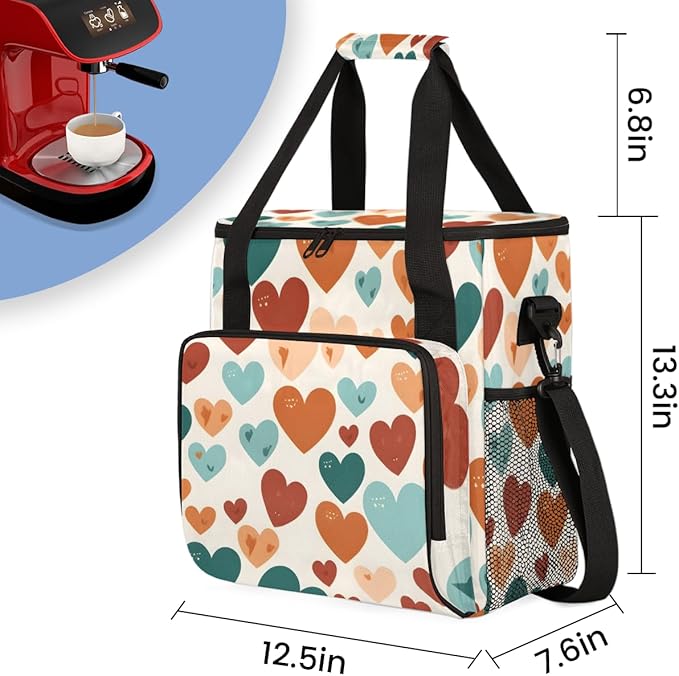 Brown Blue heart Coffee Maker Carrying Bag Portable Travel Storage Tote Bag Compatible with K-Mini or K-Mini Plus Single Serve Coffee Brewer Carrying Case with Multiple Pockets &amp Shoulder Strap
