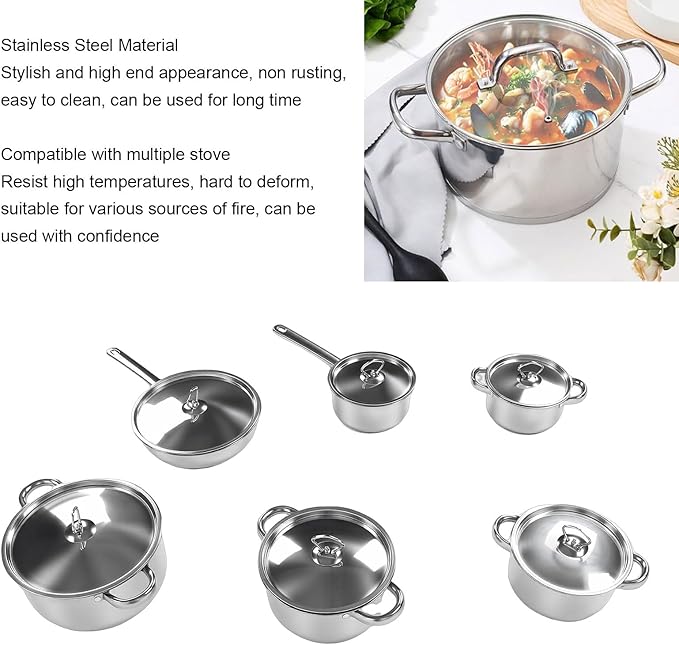 Stainless Steel Cookware Set 6 Pieces Pots and Pans Set Induction Kitchen Cookware with Lid for Home Kitchen and Utensil