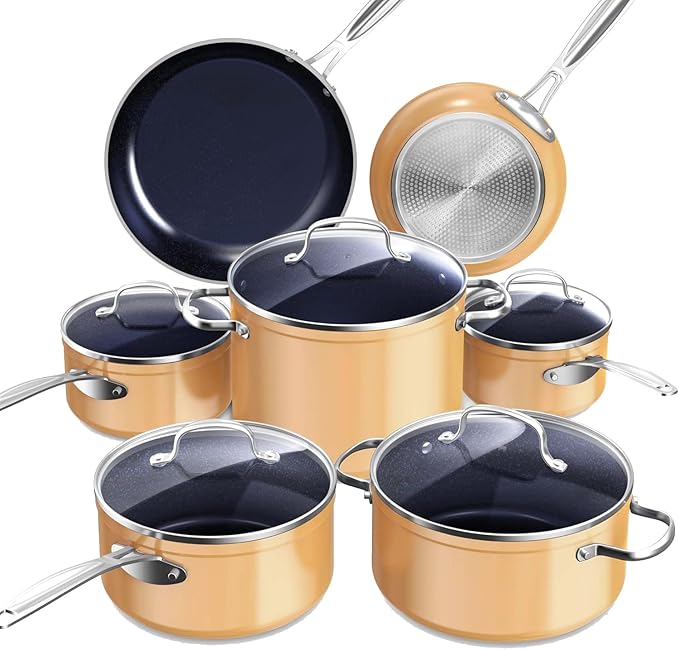 Nuwave Healthy Duralon Blue Ceramic Nonstick Cookware Set Diamond Infused Scratch-Resistant PFAS Free Dishwasher &amp Oven Safe Induction Ready &amp Evenly Heats Tempered Glass Lids &amp Stay-