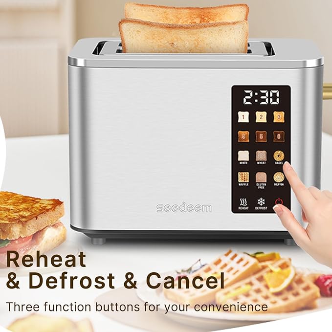 2-Slice Toaster with Touch Control 6 Shade Settings &amp 6 Bread Type 900W Removable Crumb Tray Countdown Display Smart Stainless Steel Design Silver