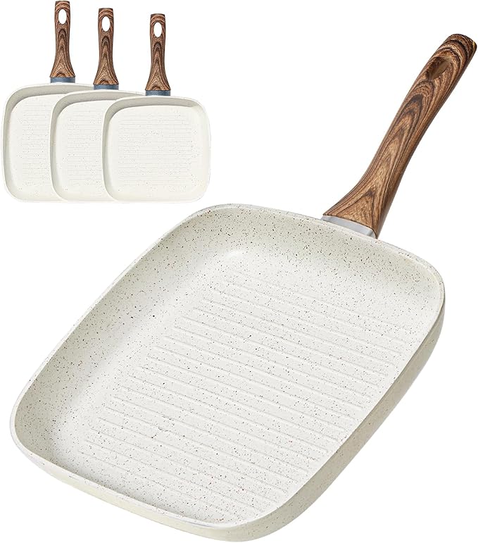 DUMOS 3 Pcs Grill Pans Set Nonstick Square Frying Pan Skillet Set with Stay Cool Handle &amp PFOA Free Compatible with All Stovetops (9.5 10 11) Light White