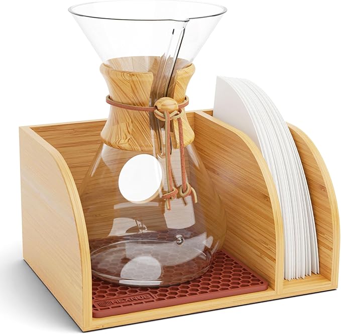 HEXNUB Bamboo Caddy for Pour Over Coffee Maker Fits Chemex Bodum Cosori Heatproof Mat Filter Holder