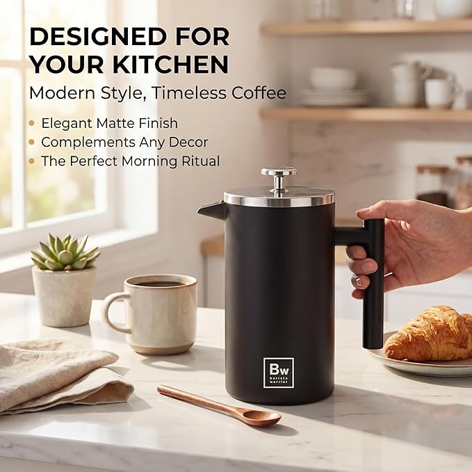 Barista Warrior French Press Coffee Maker Stainless Steel with Built-In Thermometer - Insulated Double Wall Design Dual Filter System Stay-Cool Handle &amp Wood Spoon - Black