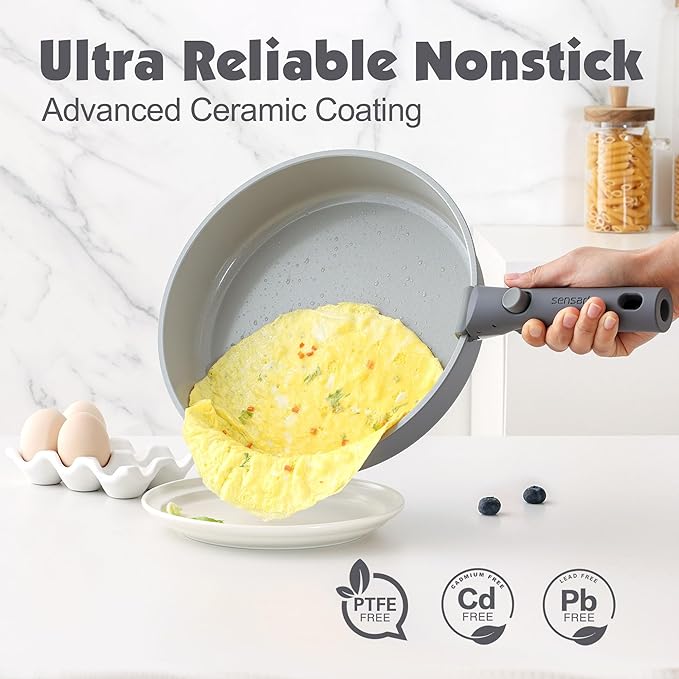 SENSARTE 24 Piece Ceramic Pots and Pans Set Nonstick Detachable Handle Cookware Induction Kitchen Cookware Set with Removable Handle Healthy Non Stick for RV Dishwasher＆Oven Safe PFOA Free (Gray)