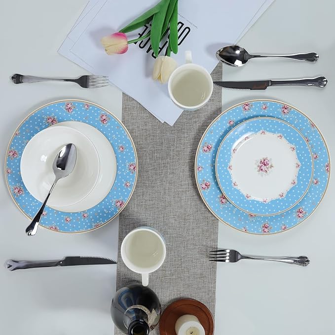 fanquare 12 Piece Dinnerware Set Service for 4 Blue Porcelain Plates Bowls Floral Kitchen Dishes Set White Dot