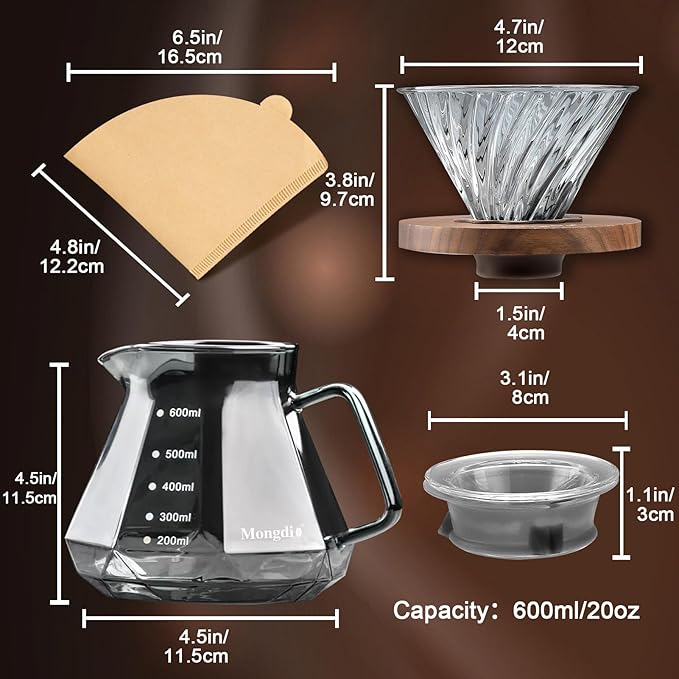Mongdio Pour Over Coffee Maker 20 oz High-Heat Borosilicate Glass Coffee Maker with 100pcs Paper Filters Walnut Handle &amp Glass Lid Drip Coffee Maker Set for Home Café Restaurant - 600ml Gray