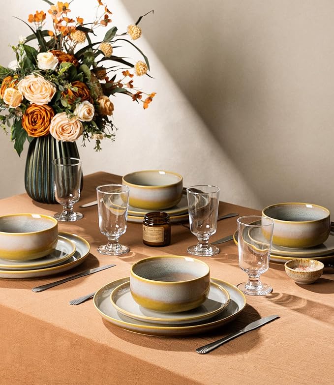 TheTerra Ceramic Dinnerware Sets for 6 18 Pieces Handmade Reactive Glaze Plates and Bowls Set Scratch Resistant Dish Set Oven &amp Microwave &amp Dishwasher Safe Autumn Haze