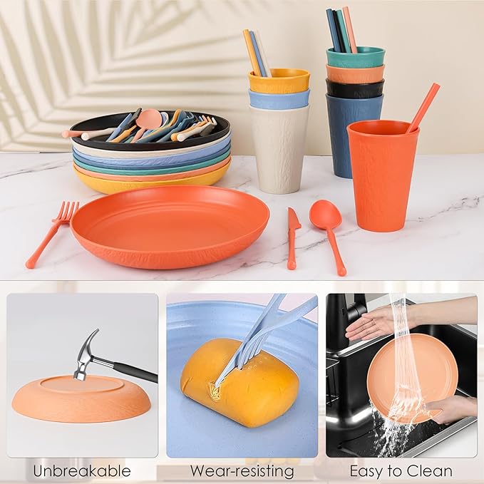 49pcs Dinnerware Sets for 8 People Unbreakable Plates Sets Reusable Storage Box Travel Camping Picnic Home Party Cutlery Set Dishwasher Microwave Safe Dishes