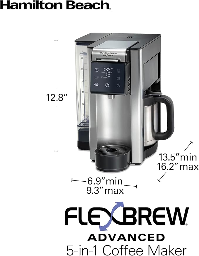 Hamilton Beach FlexBrew Advanced 5-in-1 Thermal Programmable 12 Cup Drip and Single Serve Hot &amp Iced Coffee Maker Movable 60oz. Water Reservoir Use Pod Packs and Grounds Fast Brewing Black (49