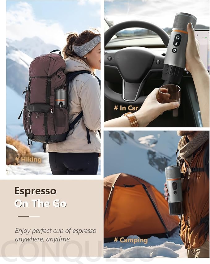 CONQUECO Portable Espresso Machine Travel: 12v Car Coffee Maker with Battery for Camping - Small Electric - 2.5 Mins Heating - Set With Ground Coffee &amp NS Capsule &amp Handbag for RV Hiking Off