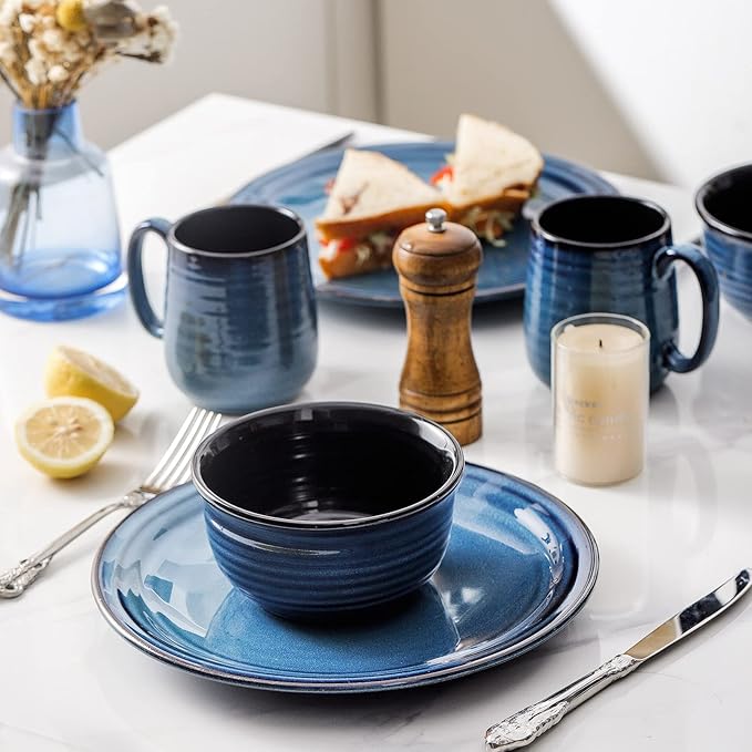 Hasense 12-Piece Porcelain Kitchen Dinnerware Set with Plates Bowls and Mugs Service for 4 Handmade Reactive Glaze Dishes Set Chip Resistant and Scratch Resistant Dishwasher Microwave Safe Blue