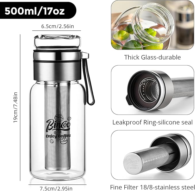 Bincoo Glass Cold Brew Coffee Maker with Extended Fine Mesh Filter Tea Infuser Bottle Iced Coffee Maker with Thick Borosilicate Glass (500ml/17oz)