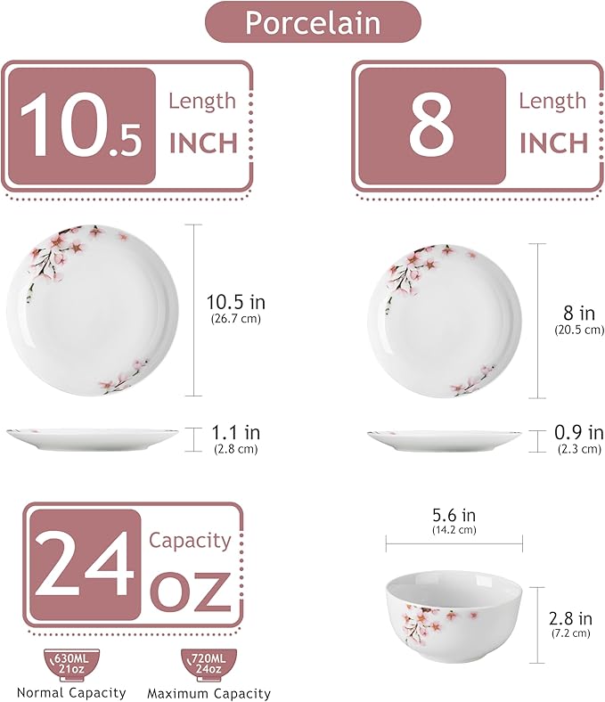 VEWEET Porcelain Dinnerware Sets for 4 12 Pieces Plates and Bowls Set with Pink Floral Kitchen Dishes Set Dining Ware for Family Microwave and Dishwasher Safe Series ANNIE
