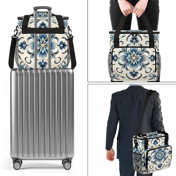 Blue Floral Coffee Maker Travel Bag for Keurig K-Mini/K-Mini Plus Insulated Waterproof Tote with Pockets for Portable Single-Serve Brewer Case