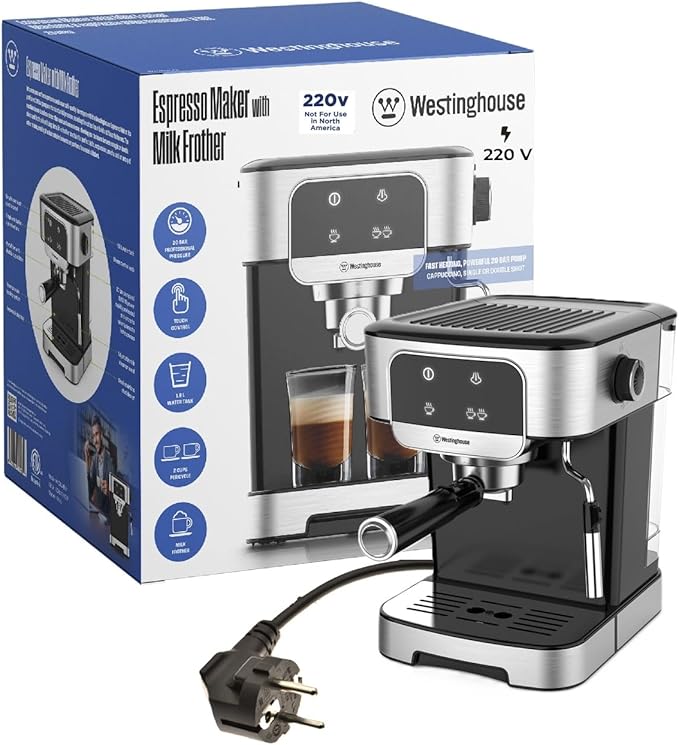 Dynastar 220 Volts Espresso Maker With Milk Frother -20 Bars-1200 Watts-Touch Control-Bundle 220-240 Volts (Not For Use In USA)