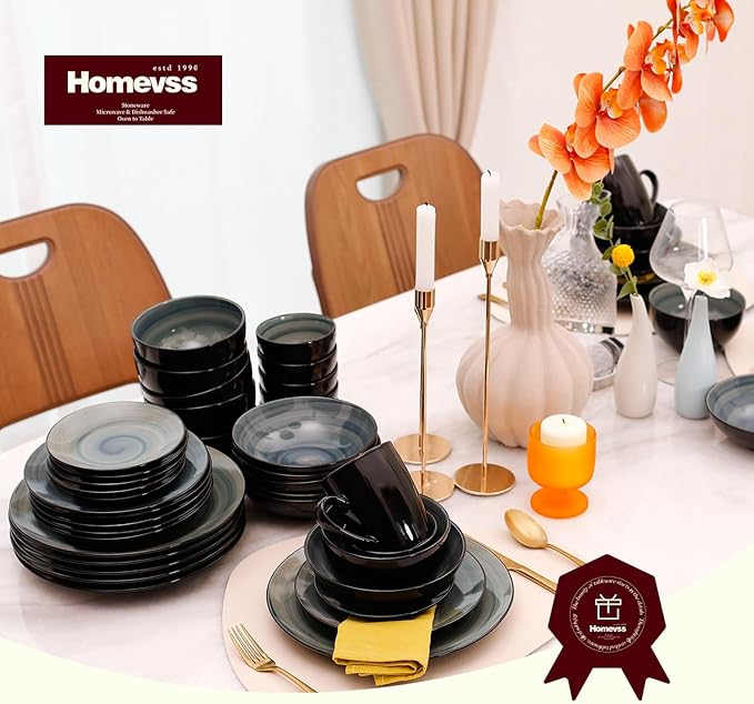 Stoneware Sonoma 56pc Dinnerware Set Black + Speckled Spin Wash Blue