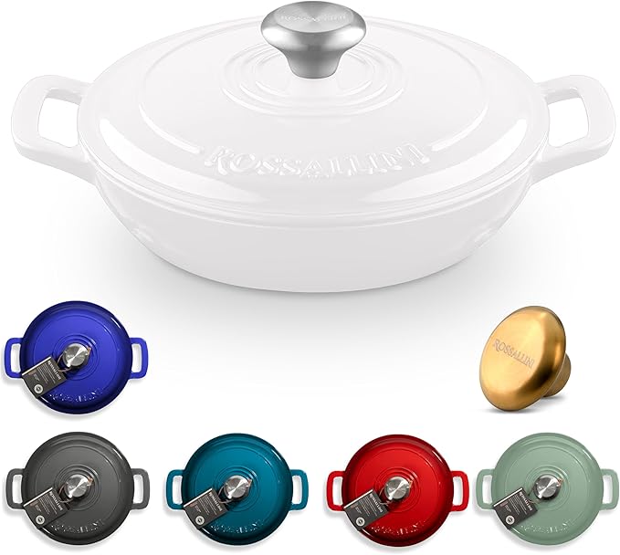 Signature Enameled Cast Iron Braiser Non-Stick Serving Pot with Tight Fitting Lid for Perfect Roasting Baking Sauteing Searing and Pan Frying | 5Q (4.7L) - White