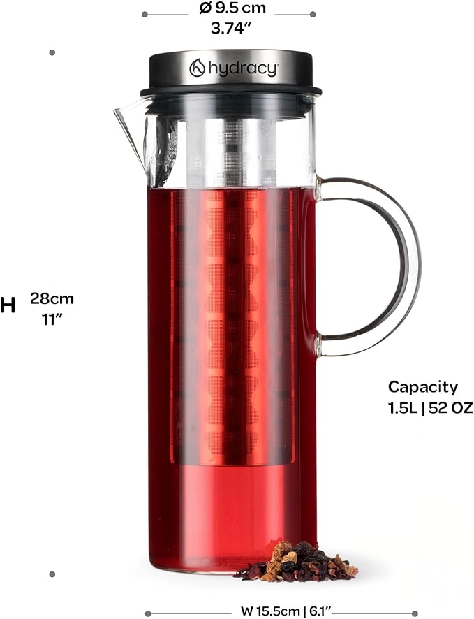Cold Brew Coffee Maker - Large Glass Infusion Pitcher 1.6 Quarts 52oz - Iced Coffee &amp Iced Tea Pitcher with Stainless Steel Lid &amp Fruit Infusion Tube - Perfect for Home or Office