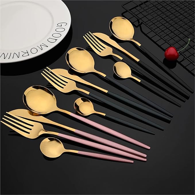 pureza 30Pcs Stainless Steel Black Gold Dinnerware Set - Cutlery Set For Kitchen &amp Dining Table(Black Gold)