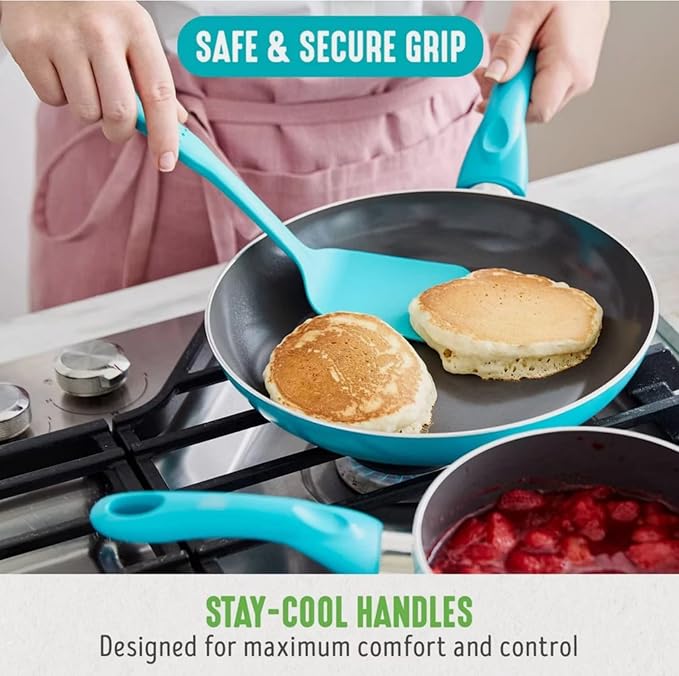 Essentials 12pc Ceramic Nonstick Aluminum Cookware Set Dishwasher Safe Induction Compatible Includes 3 Frying Pans 2 Sauce Pans with Lids Ladle &amp Spoons Caribbean Blue