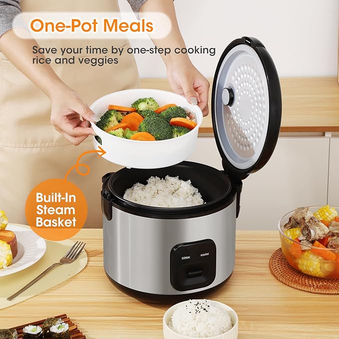 Rice Cooker &amp Steamer Simple 6 Cup(Uncooked)/12 Cup (Cooked)With Steaming BasketCompact Electric Rice Cooker Non-Stick Inner Pot For SoupsStewsGrains&ampOatmealOne Touch &amp Keep Warm Funct