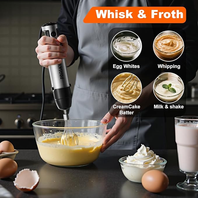 Immersion Blender Handheld Hand Blenders 20 Speed &amp Turbo Mode Hand Held Blender Heaviest Duty Copper Motor Stainless Steel Blades Milk Frother Wand Whisk 600ml Beaker 500ml Chopper (Silver
