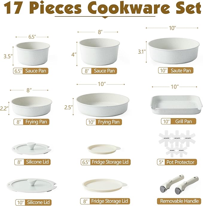 SENSARTE 17 Pcs Nonstick Detachable Handle Cookware Set 14 Pcs Nonstick Ceramic Pots and Pans Set w/Frying Pans Set Saucepans Set