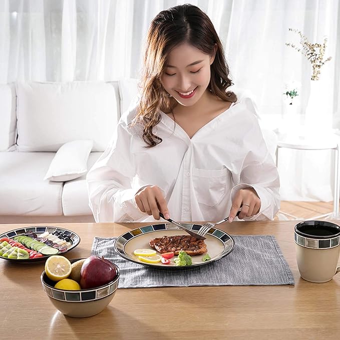 GaRcan 4-Piece Dinner Set Heavyweight and Durable Stoneware Dinnerware Set Service for 1 Includes Dinner Plate Salad PlateBowl and Mug