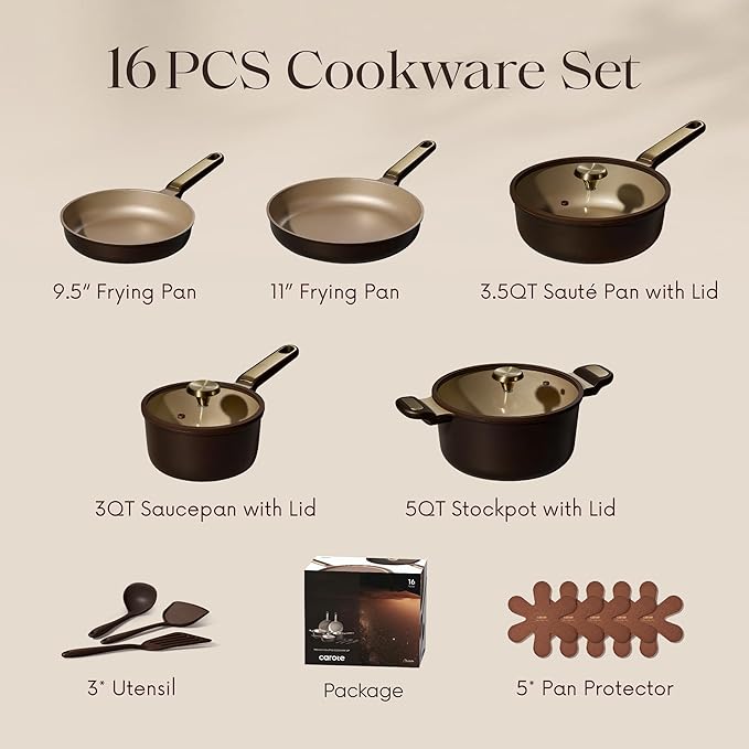 CAROTE Pots and Pans Set Nonstick 16pcs Cookware Set Nonstick Non-Toxic &amp PFOA&ampPFOS-Free Dishwasher RV/Camping Cookware Set Cooking Pots with Lids Brown