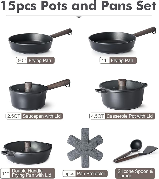 SENSARTE Nonstick Cookware Set Pots and Pans Set Kitchen Non-stick Cooking Set Dishwasher &amp Oven Safe Induction Compatible Free of Intentionally Added PFOA/PFOS 15pcs Black