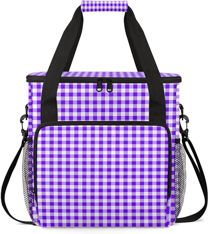 Purple Plaid Coffee Maker Carrying Bag Portable Travel Storage Tote Bag Compatible with K-Mini or K-Mini Plus Single Serve Coffee Brewer Carrying Case with Multiple Pockets &amp Shoulder Strap