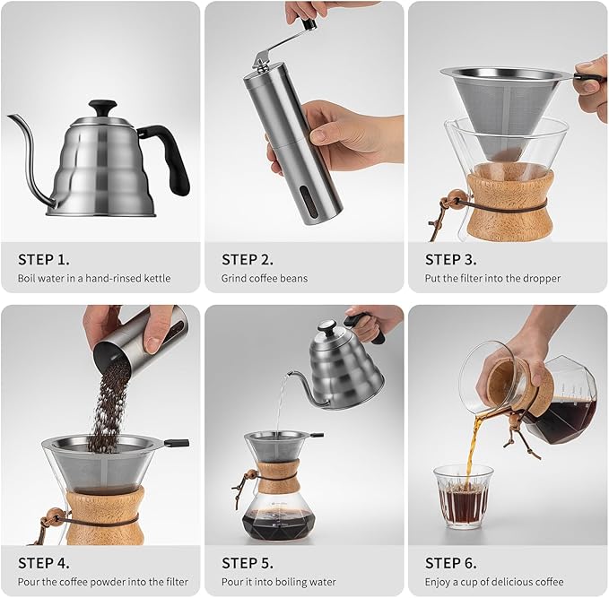 Pour Over Coffee Maker Set – 40oz Gooseneck Kettle with Thermometer Coffee Grinder &amp 20oz Drip Coffee Maker – Stainless Steel Pour Over Coffee Set
