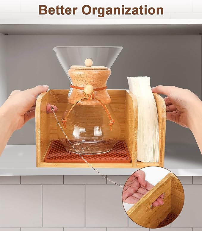 Bamboo Caddy with Lid &amp Heatproof Trivets Mat for Chemex CoffeeMakers - Designed for Chemex Pour - Over Glass Coffeemaker(3/5/6/8/10Cup) for Bodum Pour Over Coffee makers - Bamboo cup not include