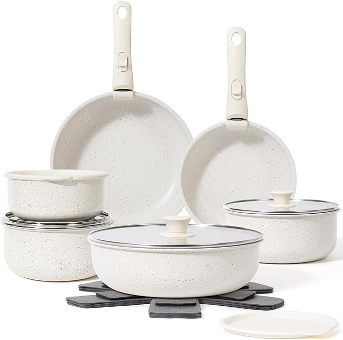 18 Pcs Pots and Pans Set Non Stick Cookware Sets with Detachable Handle Nonstick RV Kitchen Cooking Tools Removable Handles Oven Safe Induction Fast Stackable Induction Cookware White