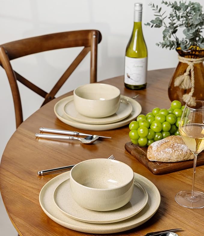 TheTerra Ceramic Dinnerware Sets for 4 12 Pieces Handmade Reactive Glaze Plates and Bowls Set Scratch Resistant Dish Set Oven &amp Microwave &amp Dishwasher Safe Cappuccino