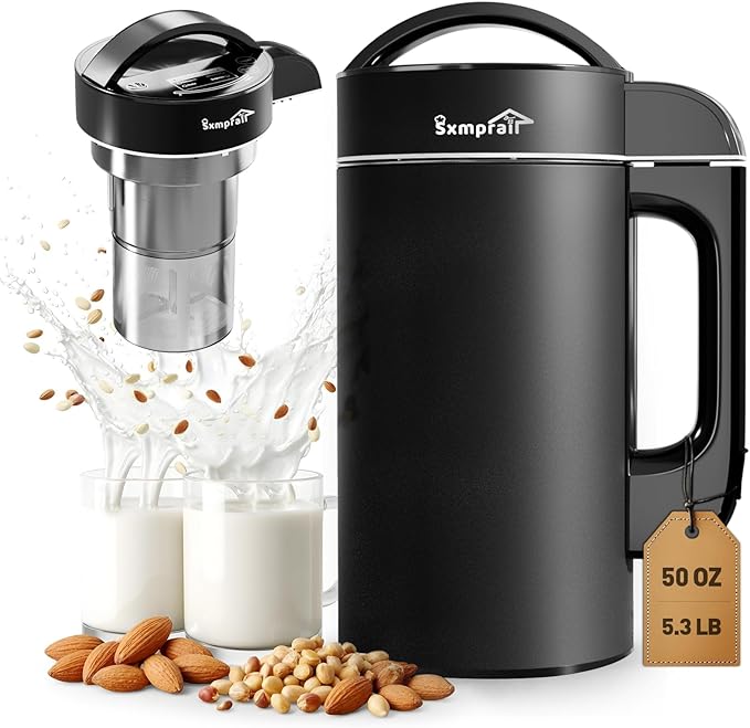 304 Stainless Steel Almond Milk Maker Machine (Built-in Filter) 50oz 6-7 Cups Per Batch 8-IN-1 Cooking Blender Make Plant Based Nut Milk Soy Oat Milk Soup &amp Juice Automatic Cleaning (Black)
