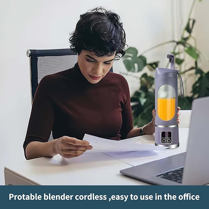 Portable blenderUSB-C rechargeablePersonal compact travel juicer cup15OZ for Shakes SmoothiesFresh juiceSelf-cleaningLeakproof lid Smart time display12 bladeswith strong blending Purple