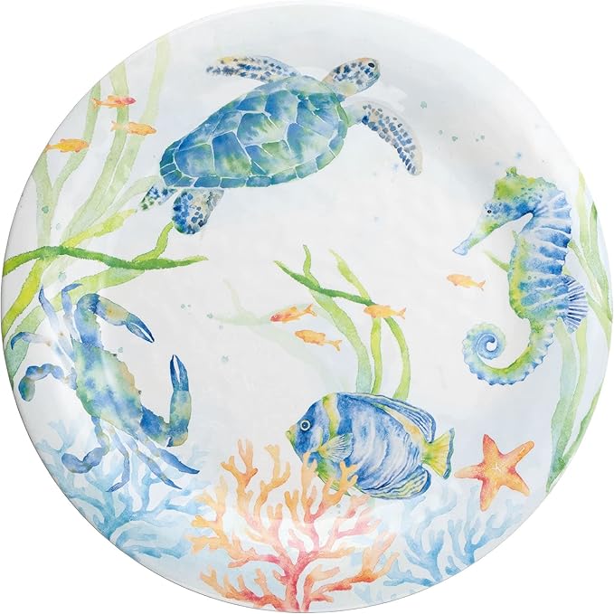 UPware 12 Piece Sea Life Serenade Melamine Dinnerware Sets Outdoor Dishes Set Plates and Bowls Sets Service for 4 Blue